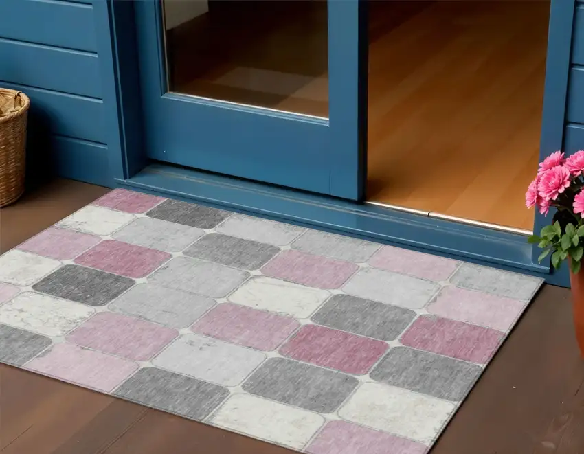 Blush And Gray Geometric Washable Indoor Outdoor Area Rug Photo 2