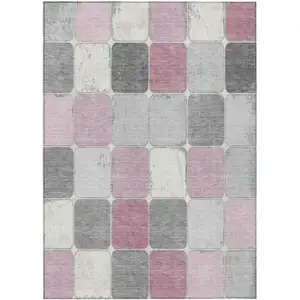 Photo of Blush And Gray Geometric Washable Indoor Outdoor Area Rug