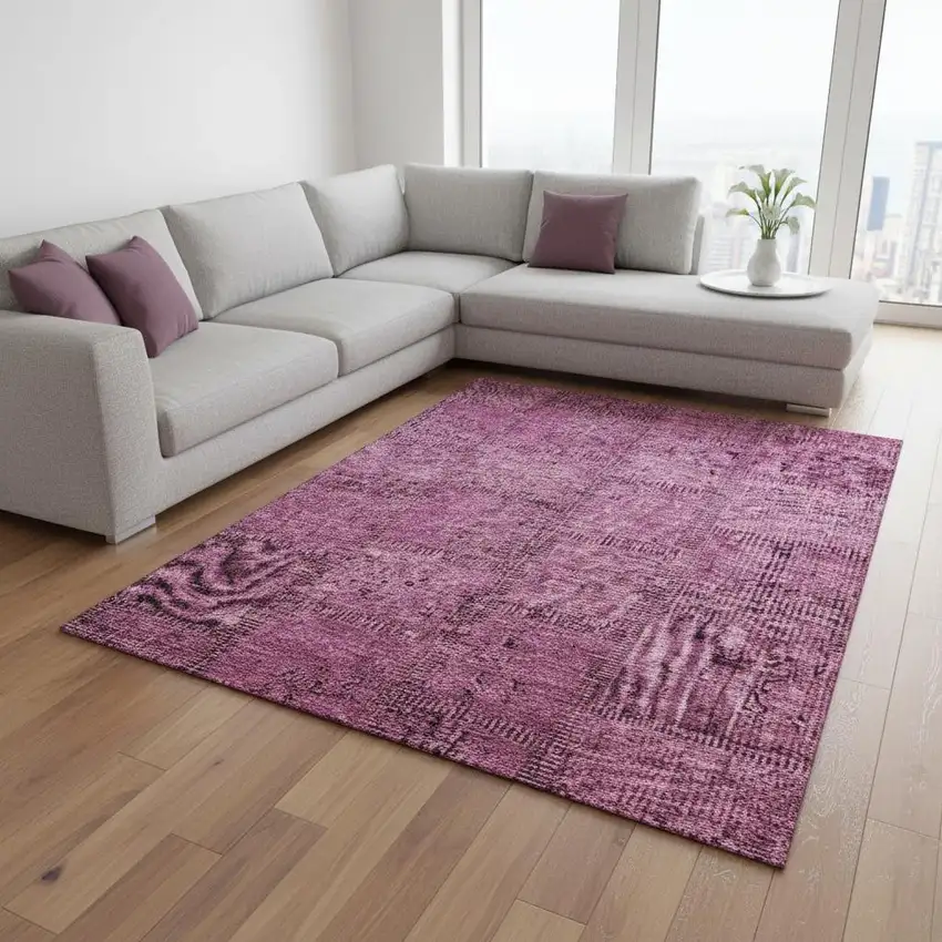 Blush And Gray Patchwork Washable Area Rug With UV Protection Photo 1