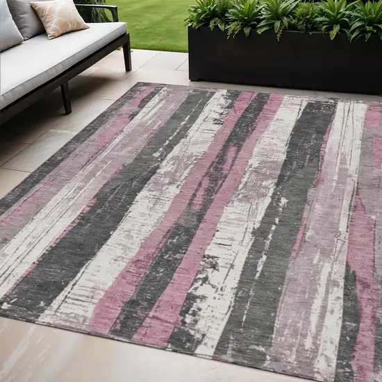 Blush And Gray Striped Washable Indoor Outdoor Area Rug Photo 2