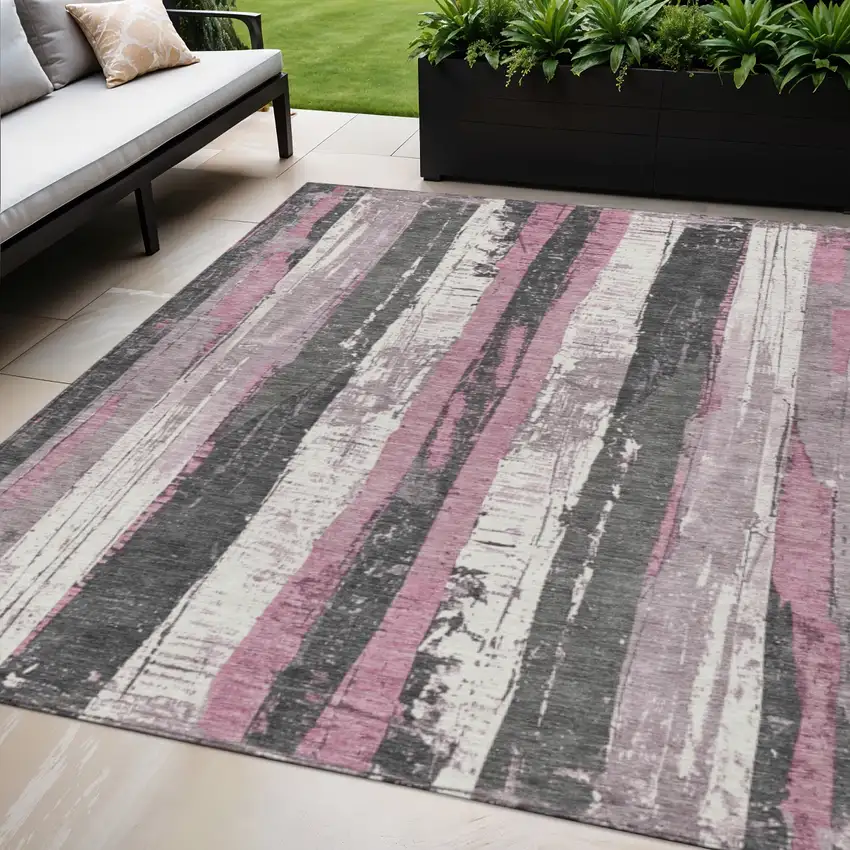 Blush And Gray Striped Washable Indoor Outdoor Area Rug Photo 2