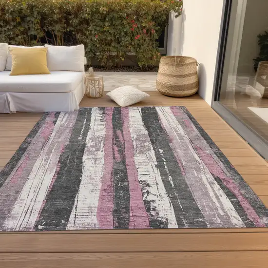 Blush And Gray Striped Washable Indoor Outdoor Area Rug Photo 8
