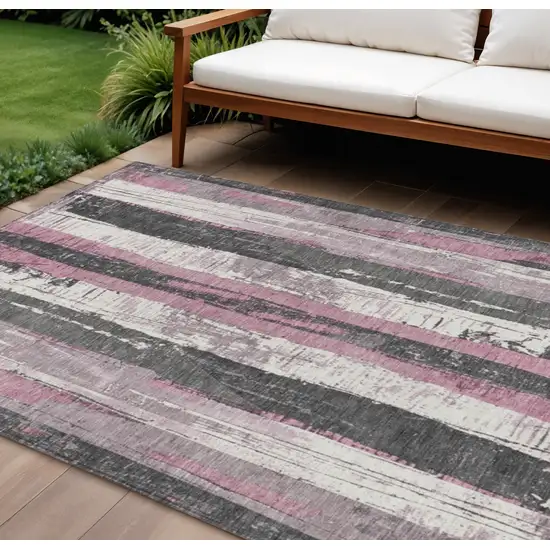 Blush And Gray Striped Washable Indoor Outdoor Area Rug Photo 2