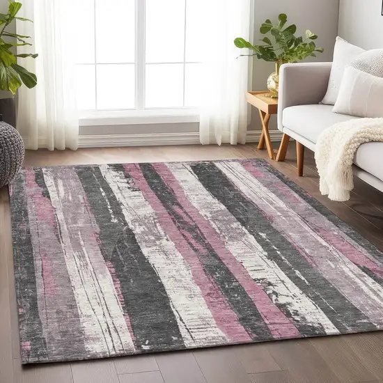 Blush And Gray Striped Washable Indoor Outdoor Area Rug Photo 6