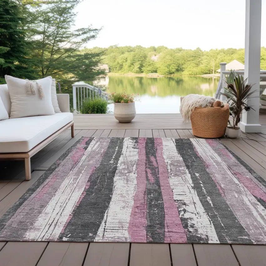 Blush And Gray Striped Washable Indoor Outdoor Area Rug Photo 5