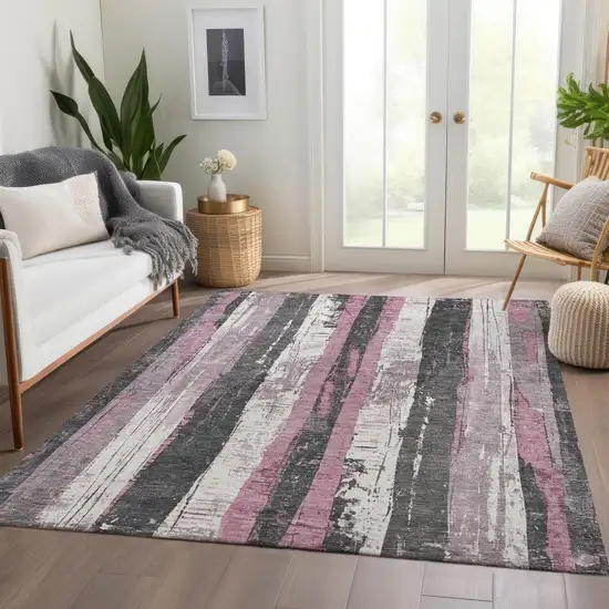 Blush And Gray Striped Washable Indoor Outdoor Area Rug Photo 7