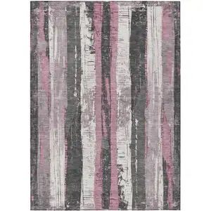 Photo of Blush And Gray Striped Washable Indoor Outdoor Area Rug