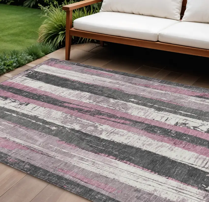 Blush And Gray Striped Washable Indoor Outdoor Area Rug Photo 2