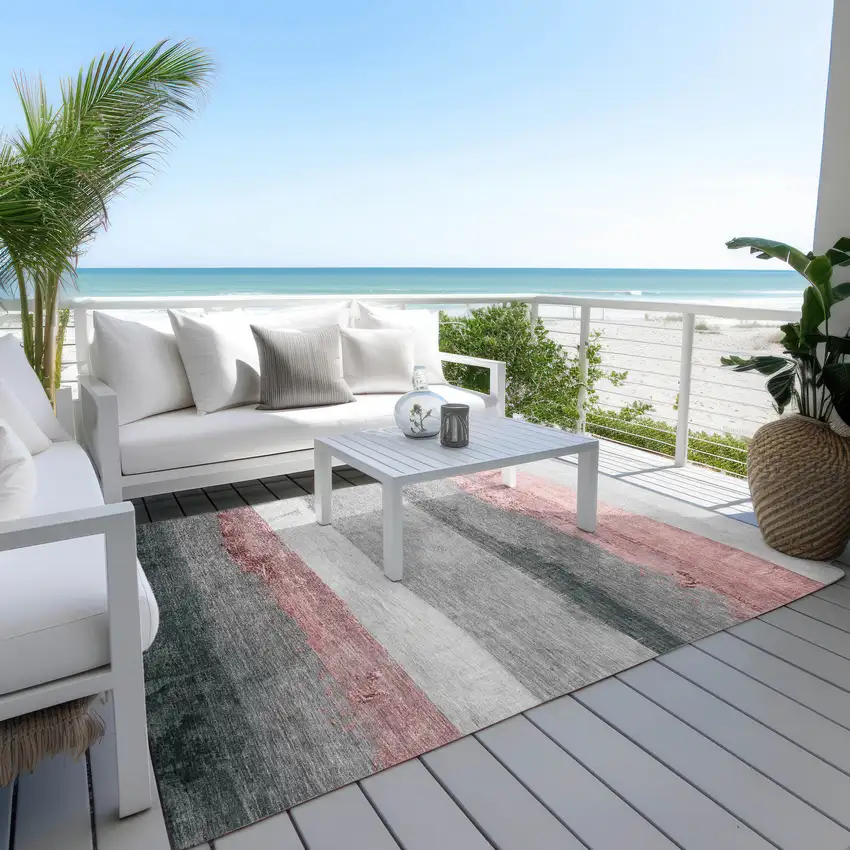 Blush And Gray Striped Washable Indoor Outdoor Area Rug Photo 4