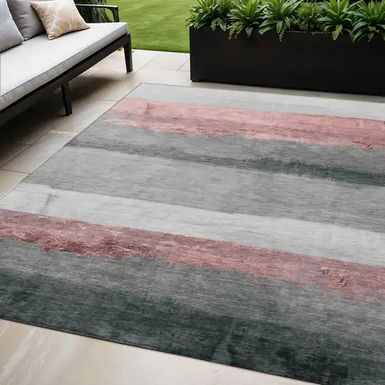 Blush And Gray Striped Washable Indoor Outdoor Area Rug Photo 2