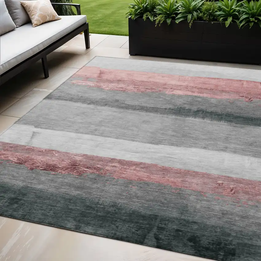 Blush And Gray Striped Washable Indoor Outdoor Area Rug Photo 2