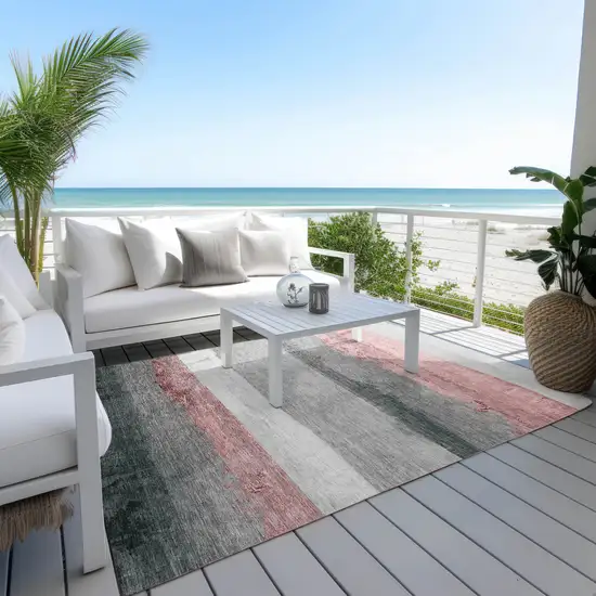 Blush And Gray Striped Washable Indoor Outdoor Area Rug Photo 5