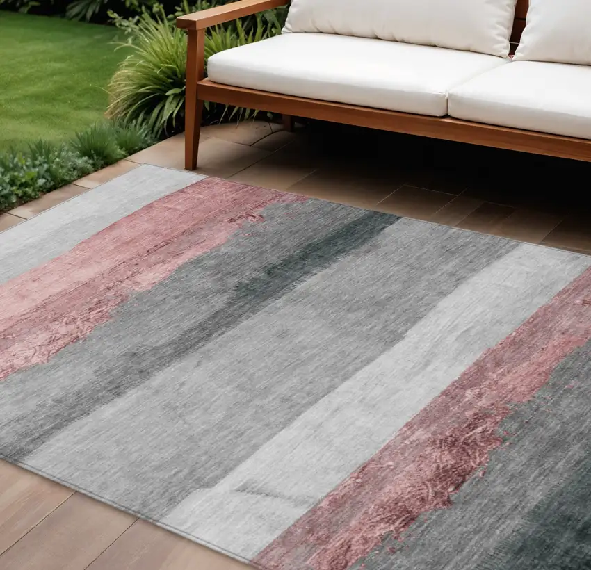 Blush And Gray Striped Washable Indoor Outdoor Area Rug Photo 2