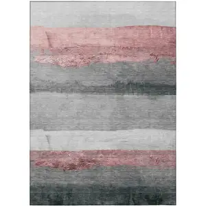 Photo of Blush And Gray Striped Washable Indoor Outdoor Area Rug