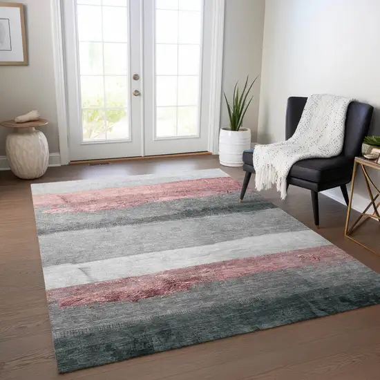 Blush And Gray Striped Washable Indoor Outdoor Area Rug Photo 6