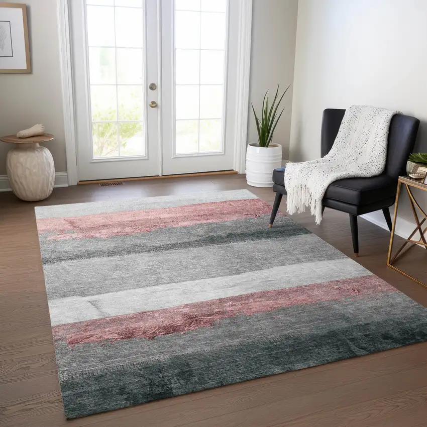 Blush And Gray Striped Washable Indoor Outdoor Area Rug Photo 6