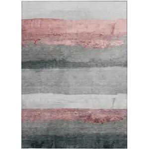 Photo of Blush And Gray Striped Washable Indoor Outdoor Area Rug