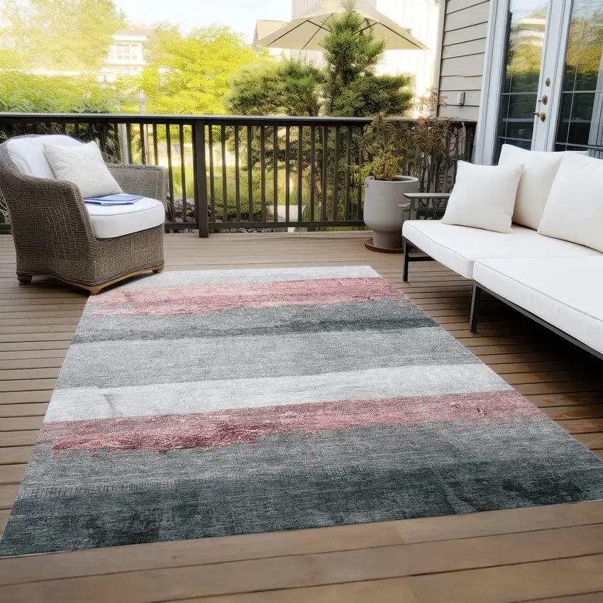 Blush And Gray Striped Washable Indoor Outdoor Area Rug Photo 7