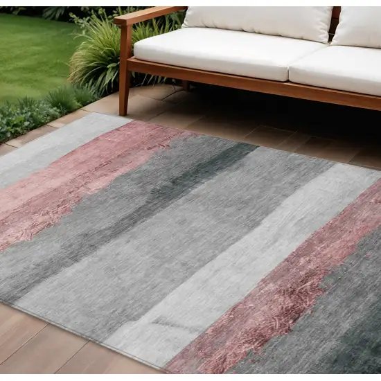 Blush And Gray Striped Washable Indoor Outdoor Area Rug Photo 2