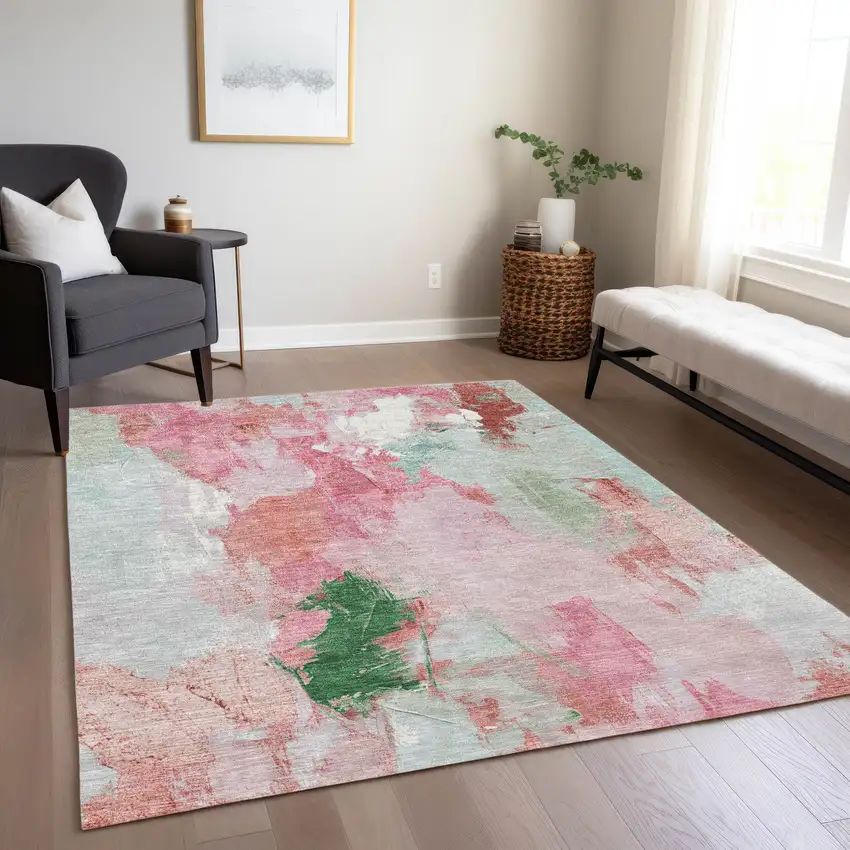 Blush And Green Abstract Washable Indoor Outdoor Area Rug Photo 6