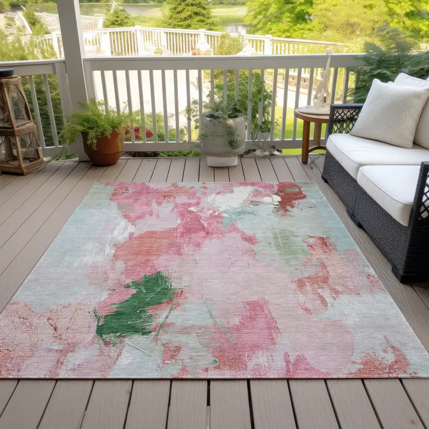 Blush And Green Abstract Washable Indoor Outdoor Area Rug Photo 7