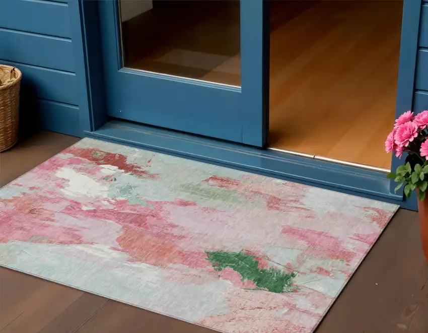 Blush And Green Abstract Washable Indoor Outdoor Area Rug Photo 2