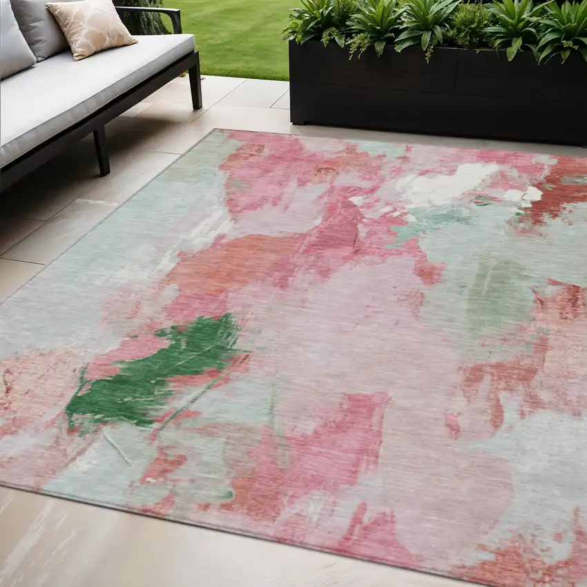 Blush And Green Abstract Washable Indoor Outdoor Area Rug Photo 2