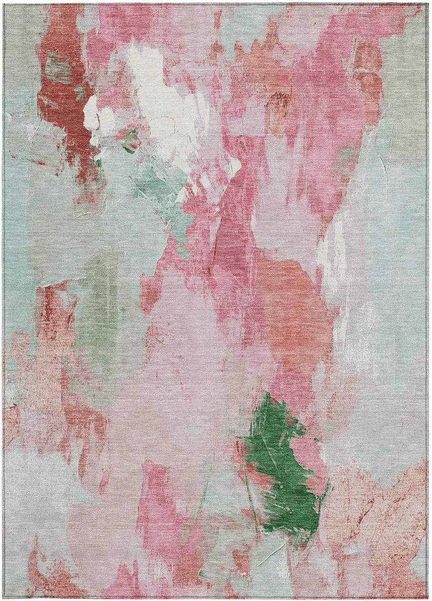 Blush And Green Abstract Washable Indoor Outdoor Area Rug Photo 9
