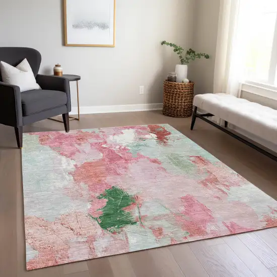 Blush And Green Abstract Washable Indoor Outdoor Area Rug Photo 6