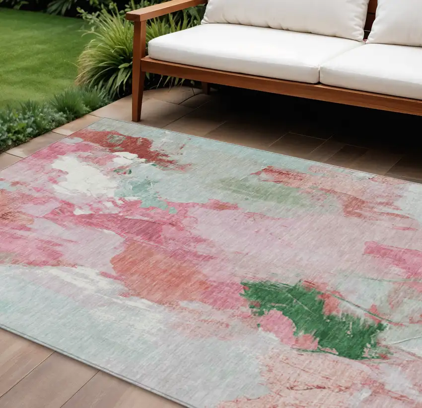 Blush And Green Abstract Washable Indoor Outdoor Area Rug Photo 2