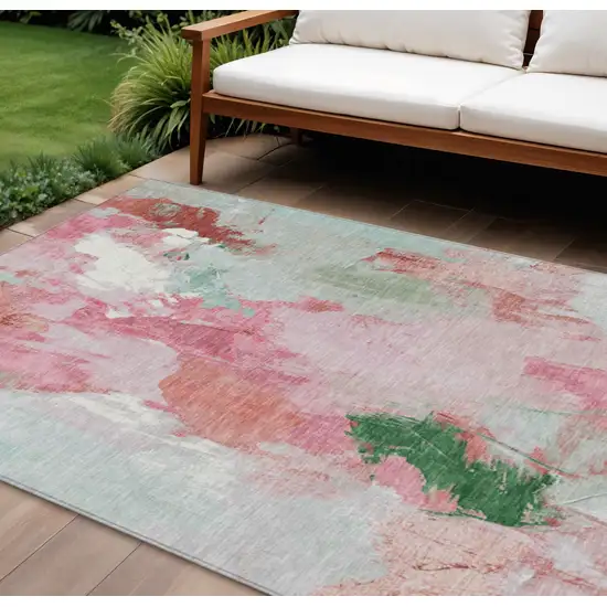 Blush And Green Abstract Washable Indoor Outdoor Area Rug Photo 2