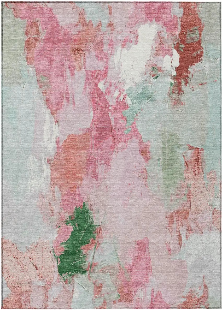 Blush And Green Abstract Washable Indoor Outdoor Area Rug Photo 8