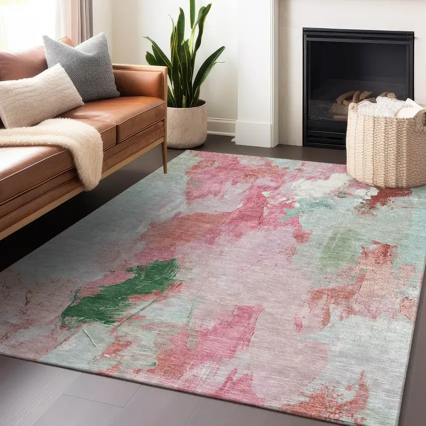 Blush And Green Abstract Washable Indoor Outdoor Area Rug Photo 5