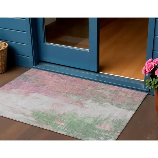 Blush And Green Abstract Washable Indoor Outdoor Area Rug Photo 2