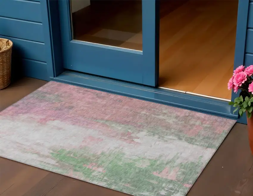 Blush And Green Abstract Washable Indoor Outdoor Area Rug Photo 2