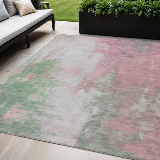 Blush And Green Abstract Washable Indoor Outdoor Area Rug Photo 2