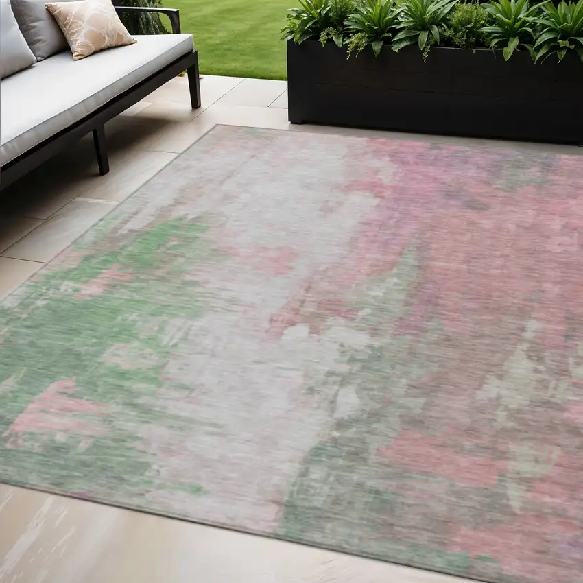 Blush And Green Abstract Washable Indoor Outdoor Area Rug Photo 2