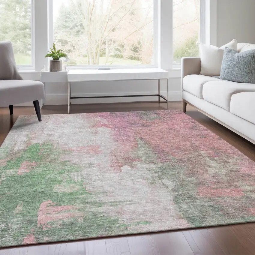 Blush And Green Abstract Washable Indoor Outdoor Area Rug Photo 6