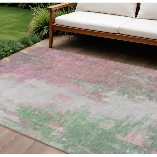 Blush And Green Abstract Washable Indoor Outdoor Area Rug Photo 2