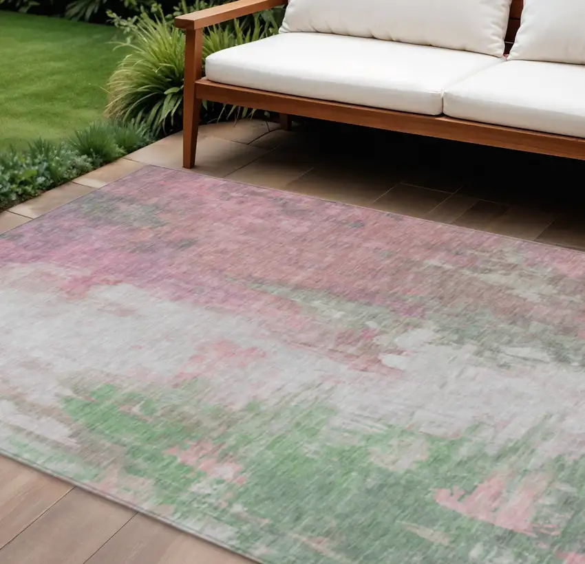 Blush And Green Abstract Washable Indoor Outdoor Area Rug Photo 2