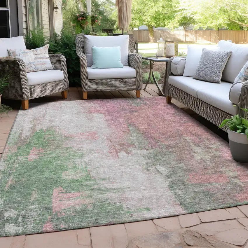 Blush And Green Abstract Washable Indoor Outdoor Area Rug Photo 4