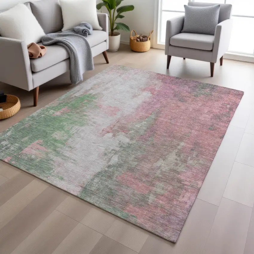 Blush And Green Abstract Washable Indoor Outdoor Area Rug Photo 5