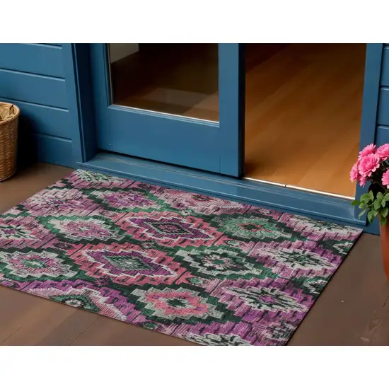 Blush And Green Aztec Washable Indoor Outdoor Area Rug Photo 2