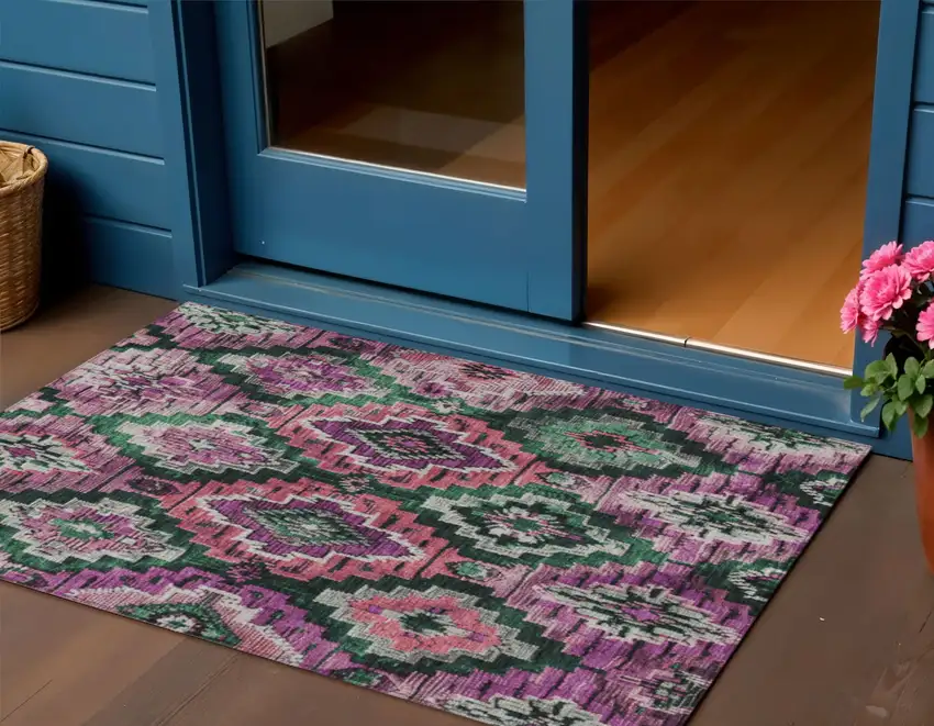 Blush And Green Aztec Washable Indoor Outdoor Area Rug Photo 2
