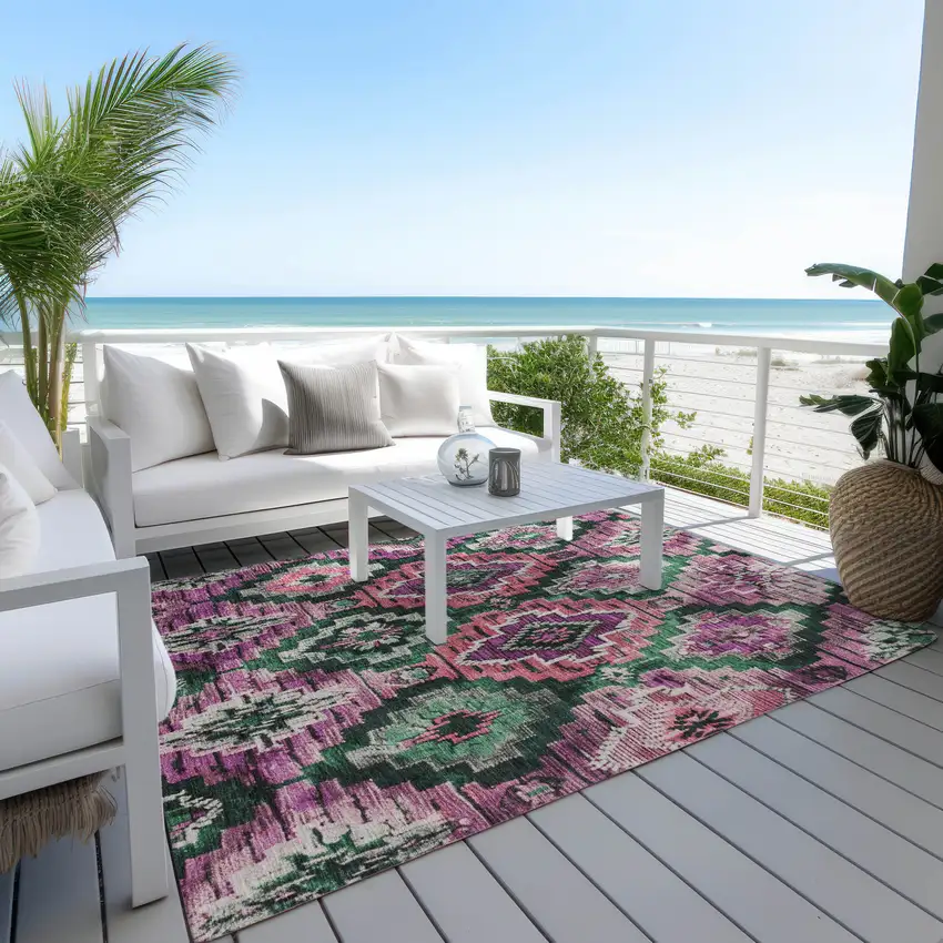 Blush And Green Aztec Washable Indoor Outdoor Area Rug Photo 5