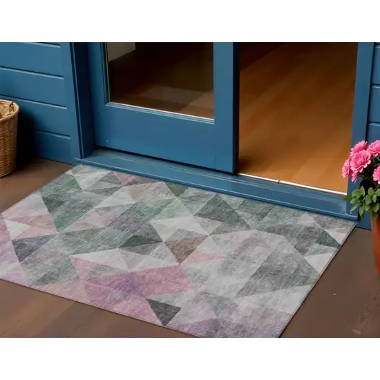 Blush And Green Geometric Washable Indoor Outdoor Area Rug Photo 2