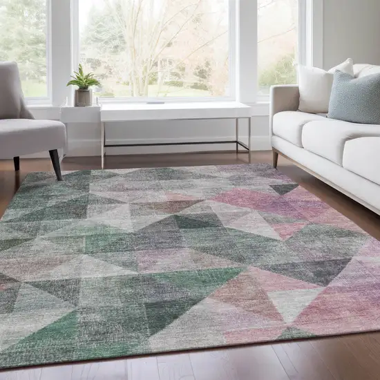 Blush And Green Geometric Washable Indoor Outdoor Area Rug Photo 5