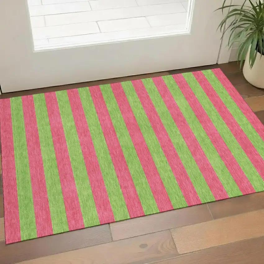 Blush And Green Striped Washable Area Rug With UV Protection Photo 1