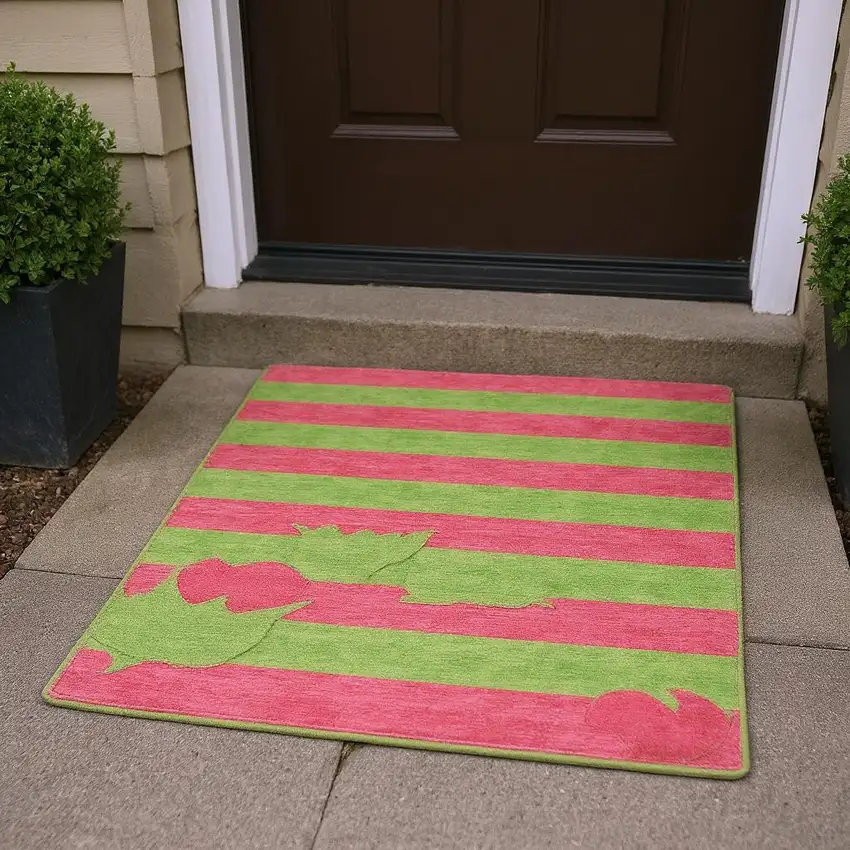 Blush And Green Striped Washable Area Rug With UV Protection Photo 2