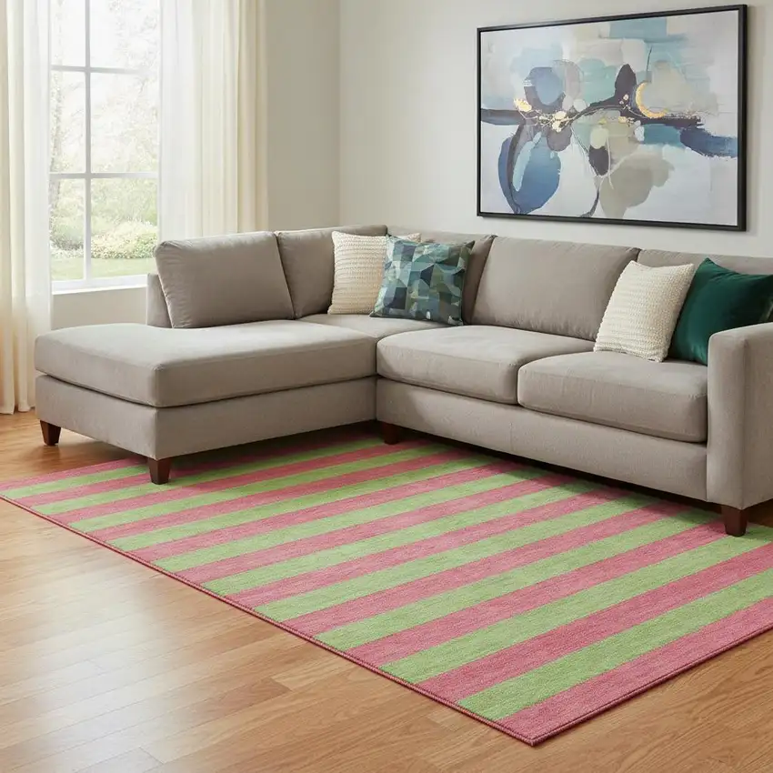 Blush And Green Striped Washable Area Rug With UV Protection Photo 1
